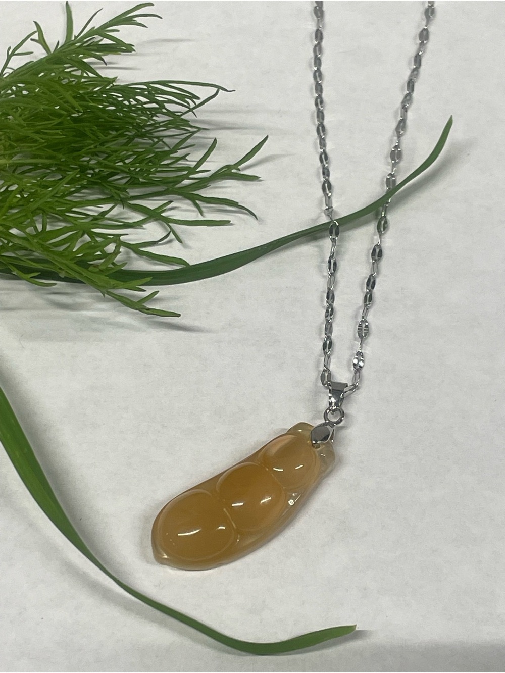 Amber-Tone Pea Pod Necklace on Silver Chain